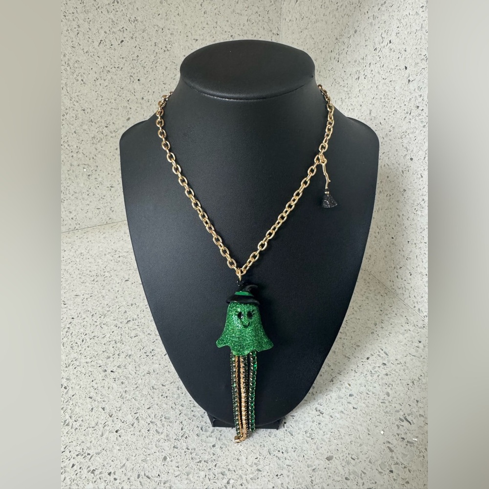 Halloween Betsey Johnson Green Glitter Ghost Rhinestone Witch Necklace NWT